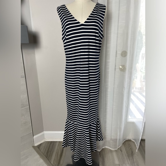 NWT Banana Republic Navy Stripe Ponte Flounce Midi Sleeveless Dress Size 14 - Picture 4 of 12